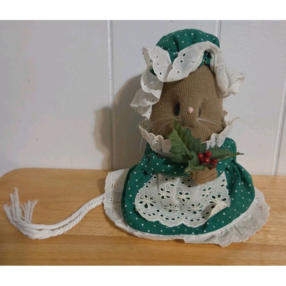 Handmade Sock Mouse In Green Polk A Dot Dress 8.5 Inches Tall